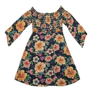 Farm Rio Dress Off-The-Shoulder Black Floral Smocked Flare Anthropologie XS